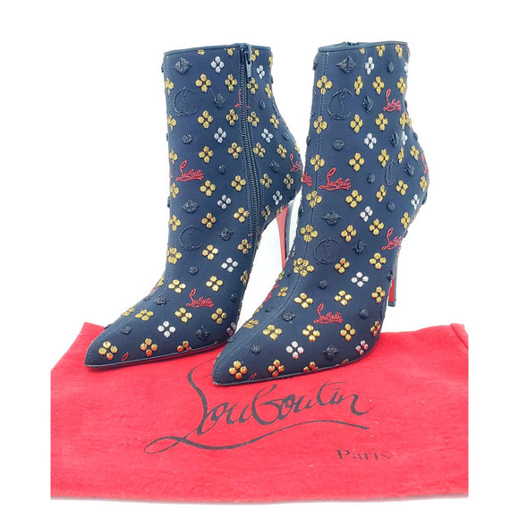 Christian Louboutin LOGO CL So Kate  Heels Black Embroidered Ankle Boots EU 38.5 - Picture 2 of 10